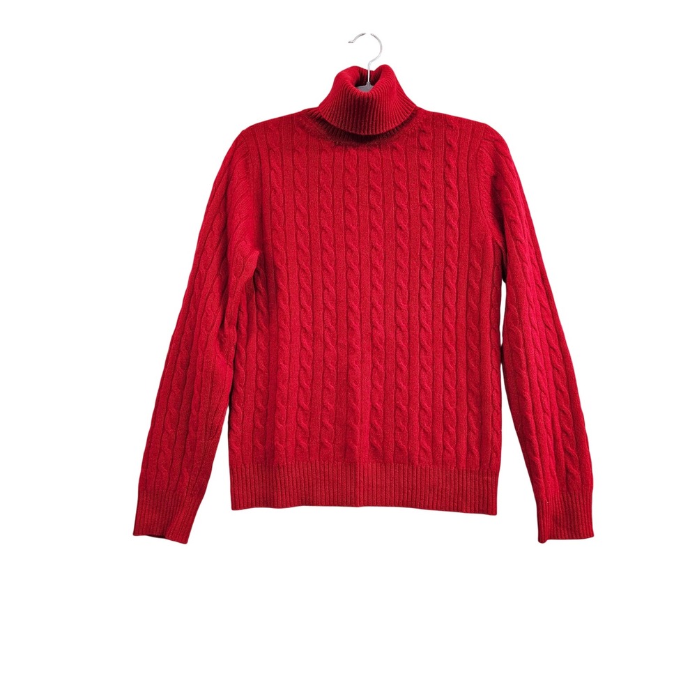 Vertical Design Cashmere Sweater Womens Small Red Cable Knit 2-Ply Turtleneck